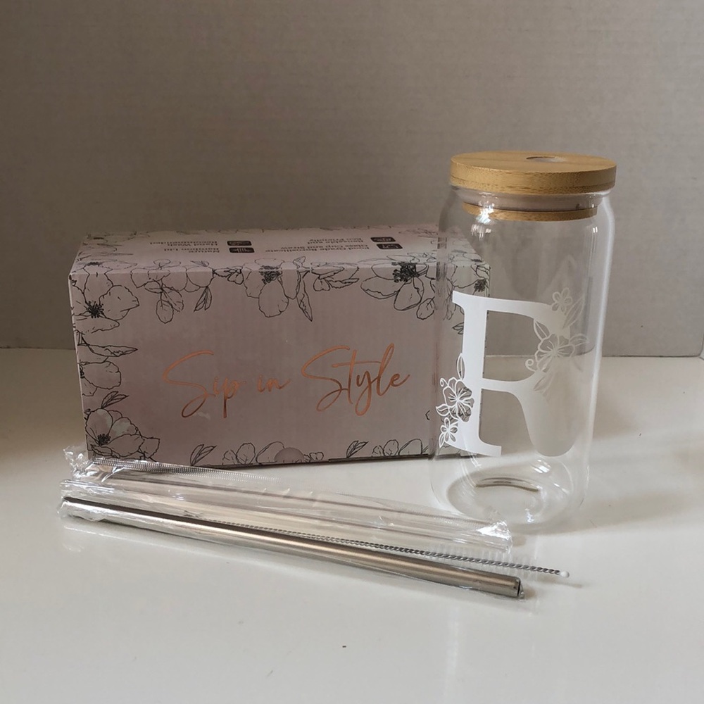 Glass Tumbler “R” with Bamboo Lid and Straws